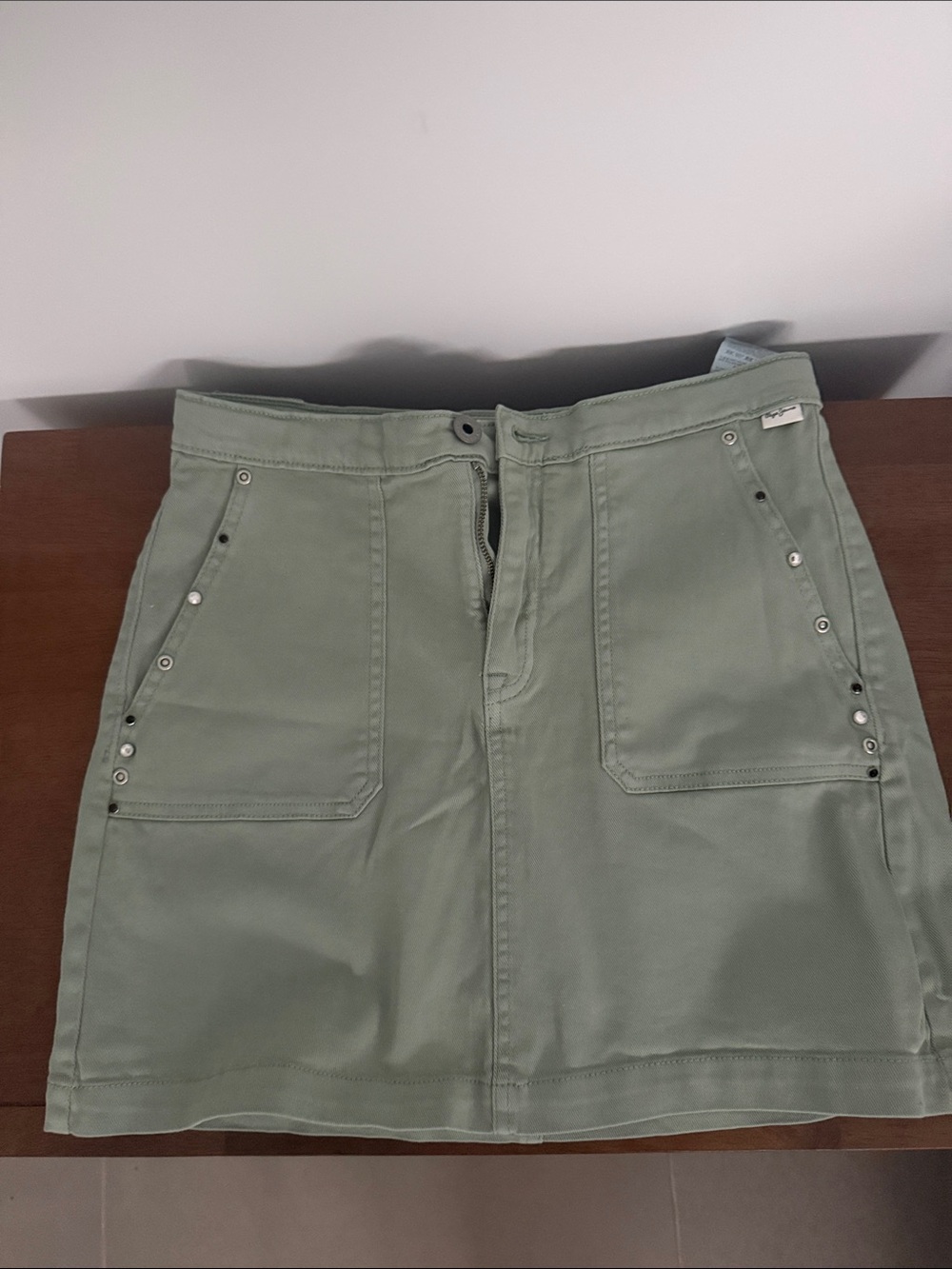 Pepe Jeans Olive Green Mini Skirt with Studded Pocket Detail